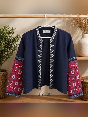 Hill Tribe Hemp Jacket-Patchwork Sleeve with Silver Bead Detail / M=38